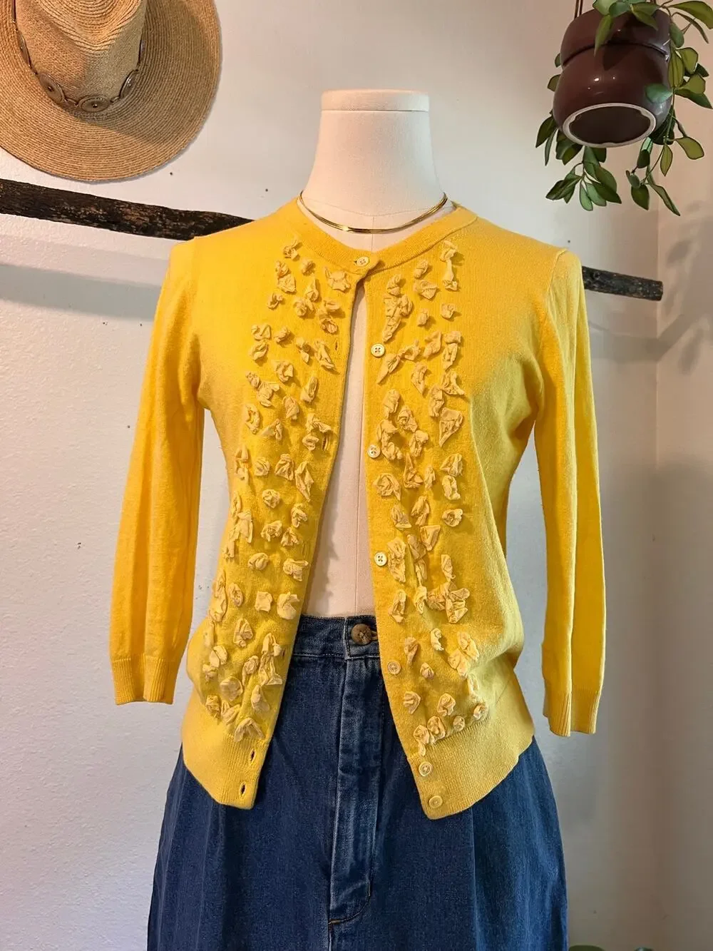 J.Crew Yellow Cashmere Cotton Embellished Button Front Cardigan Sweater Size XS